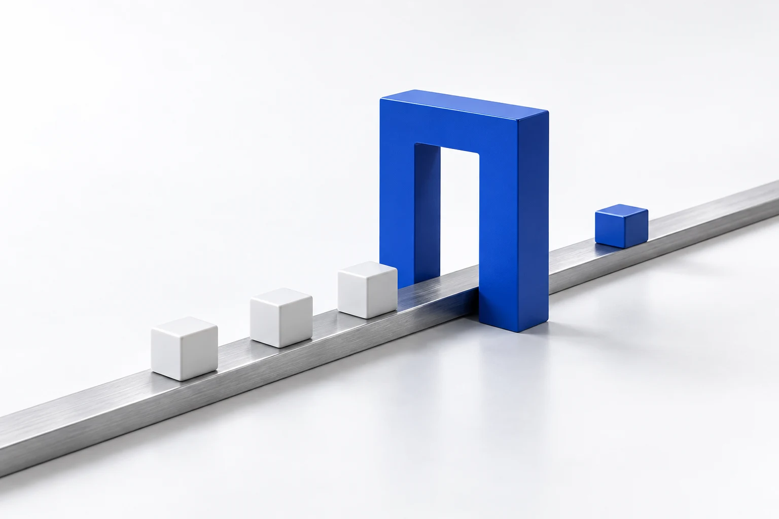 A blue gateway controlling the passage of blocks along a single track.